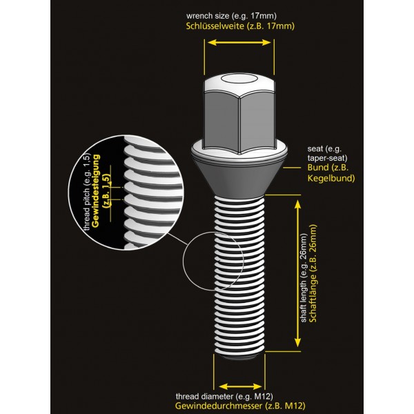 Wheel Bolt Set M12x1.5 60Deg Taper Seat 17mm Head - Set of 10