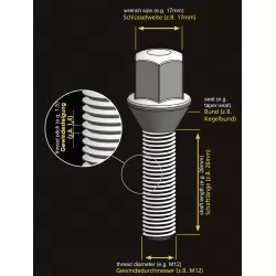 Wheel Bolt Set M12x1.5 60Deg Taper Seat 17mm Head - Set of 10